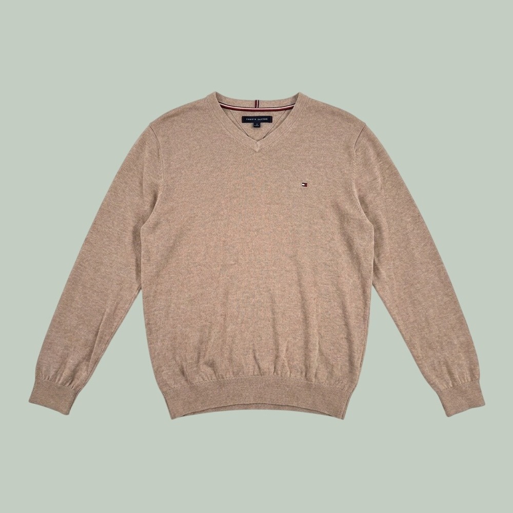 Tommy Hilfiger Mens 100% Cotton V-Neck Sweater Oatmeal Logo RTTO314666‎ Size L